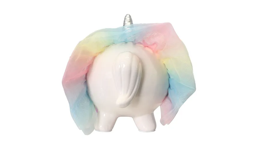 TRENDSHOP Sparschwein Ballerina mit Regenbogen-Rock