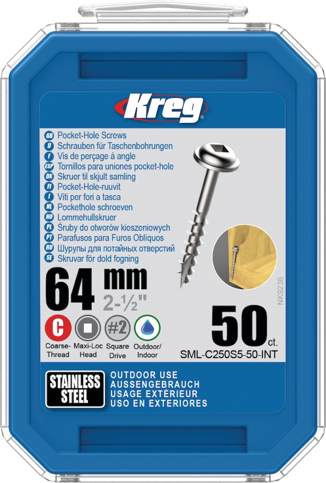 Vis à trous de poche Kreg SML-C250S5-50-INT 64 mm, acier inoxydable, filetage grossier Maxi-Loc, lot de 50