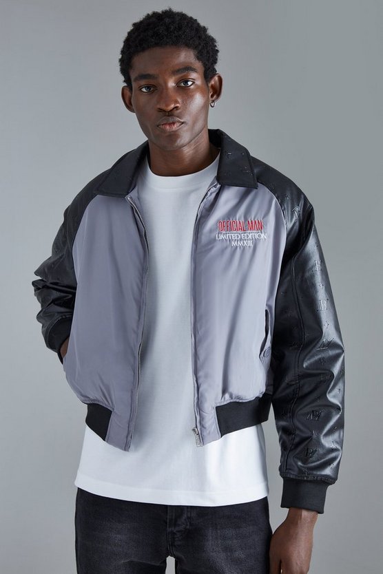 Kastige PU & Kontrast Nylon-Bomberjacke