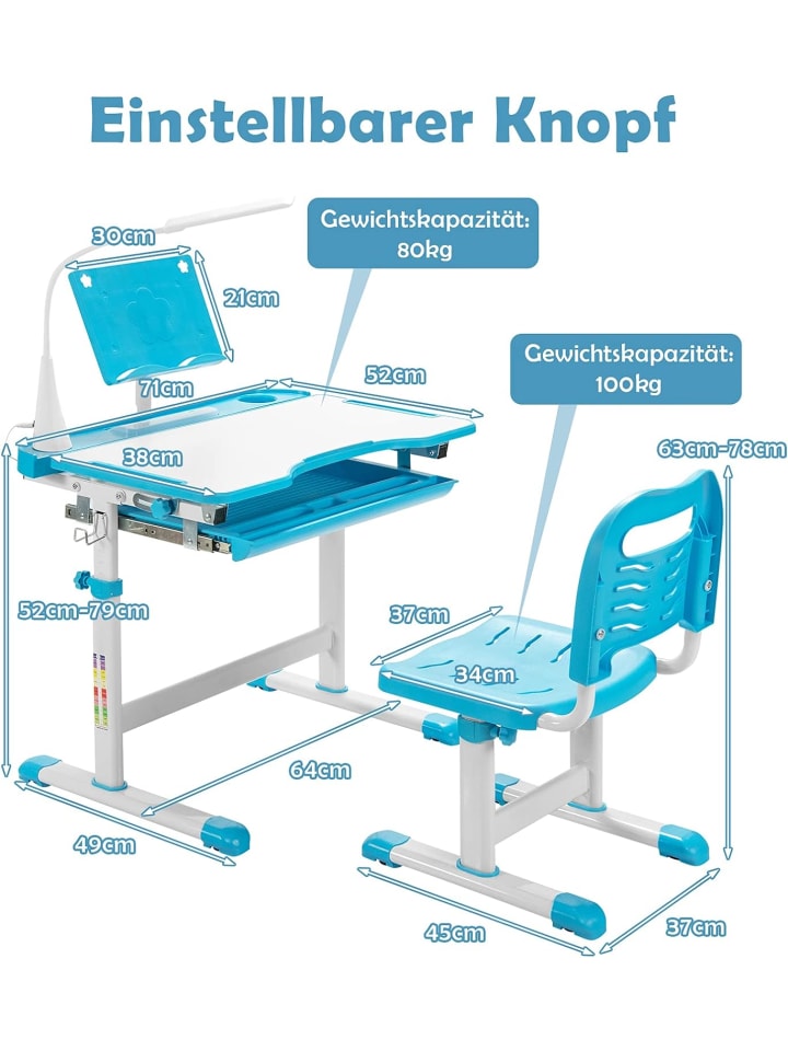 COSTWAY Kinderschreibtisch Set mit Licht ab 4 Jahren in Blau günstig kaufen onesize