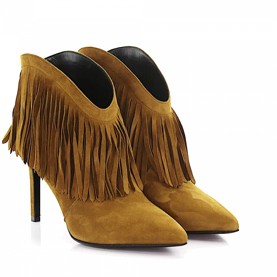 Saint Laurent - High Heels Stiefeletten Veloursleder Fransen beige - beige
