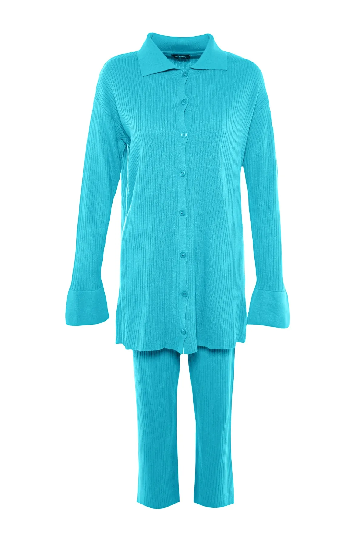 Trendyol Modest  Türkisfarbenes Strickset aus Cardigan und Hose mit Schlitzdetail TCTAW23US00028