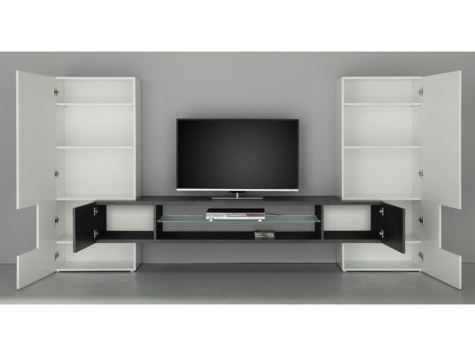 möbelando Wohnwand Akka, Moderne Wohnwand aus Spanplatte in weiß-Hochglanz und Schiefer Nachbildung bestehend aus, TV-Hängelowboard mit 2 Türen und 2 Schränke mit je 1 Tür dahinter 3 Böden. Breite 271,6 cm, Höhe 143 cm, Tiefe 46 cm.