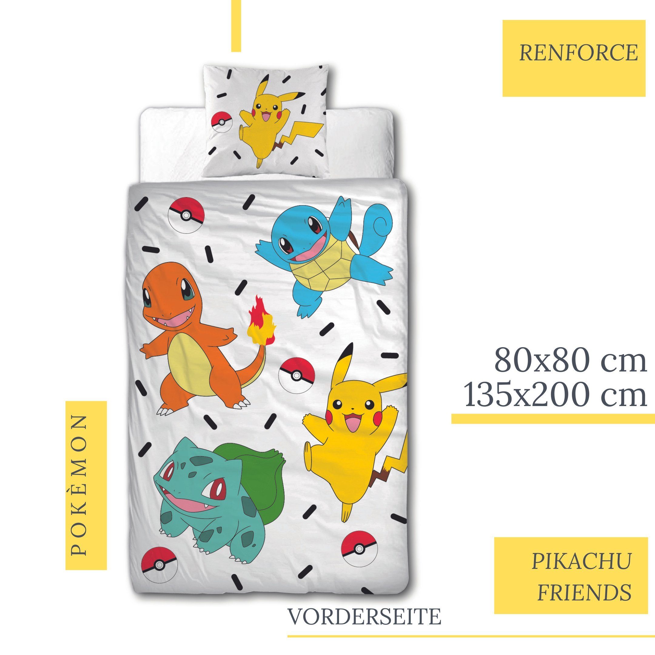 Bettwäsche Pokémon 135x200 + 80x80 cm, 100 % Baumwolle Biber oder Renforcé, MTOnlinehandel, Renforcé, 2 teilig, Pikachu & Friends Game für Kinder, Teenager, Jugend