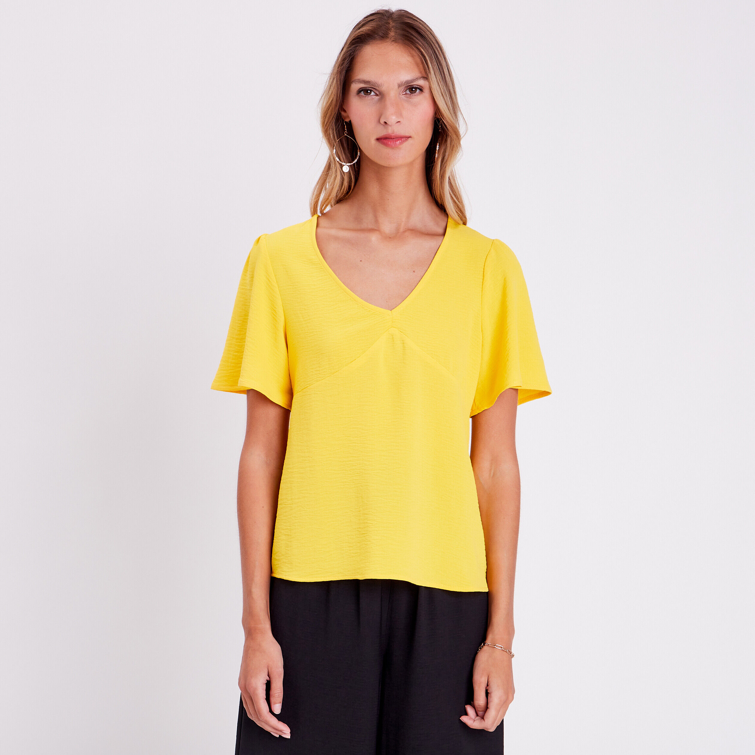 Blouse col en V dos ouvert jaune moutarde femme | Cache Cache