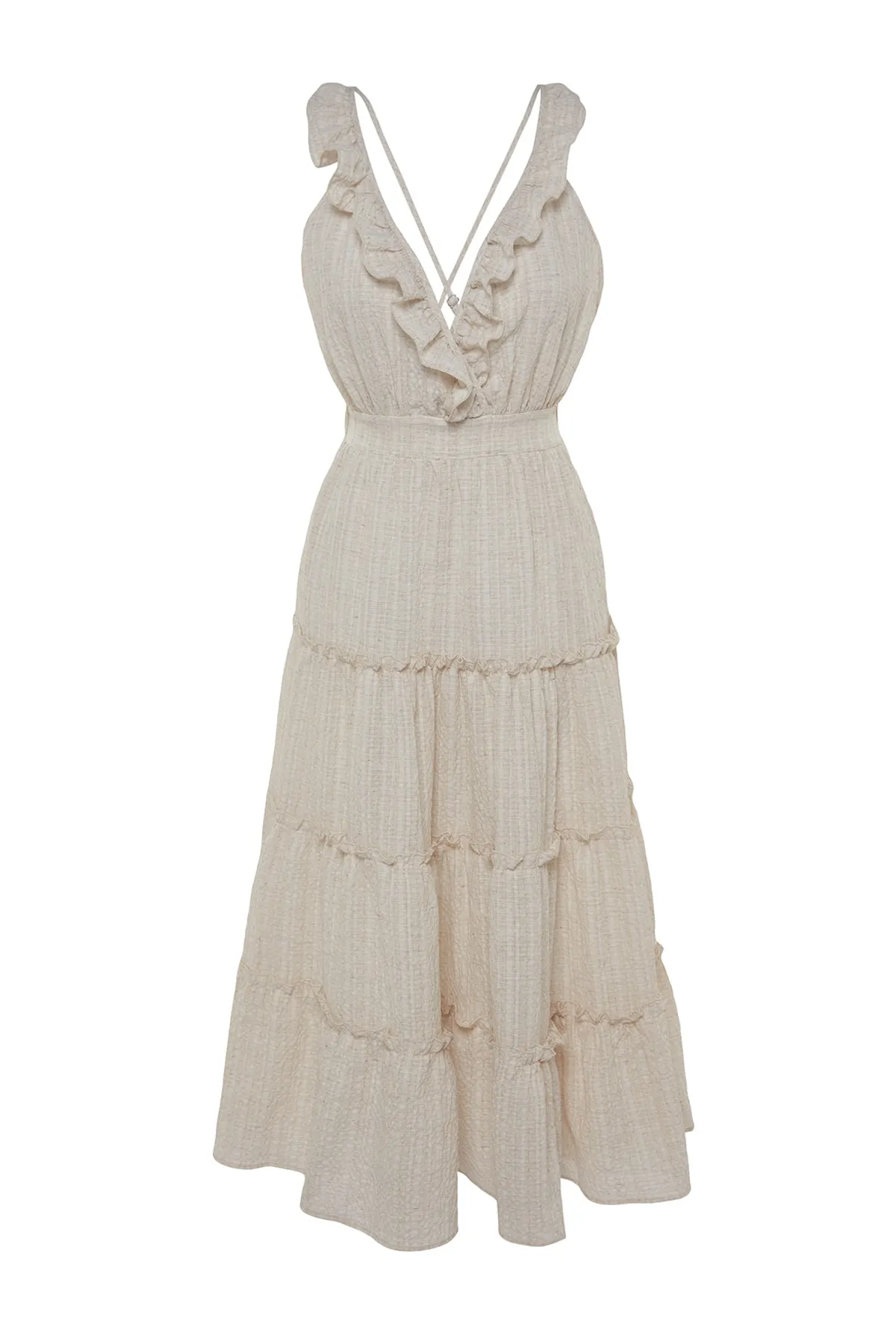 Trendyol Collection  Beiges Maxi-Strandkleid mit gewebten Rüschen TBESS23EL00281