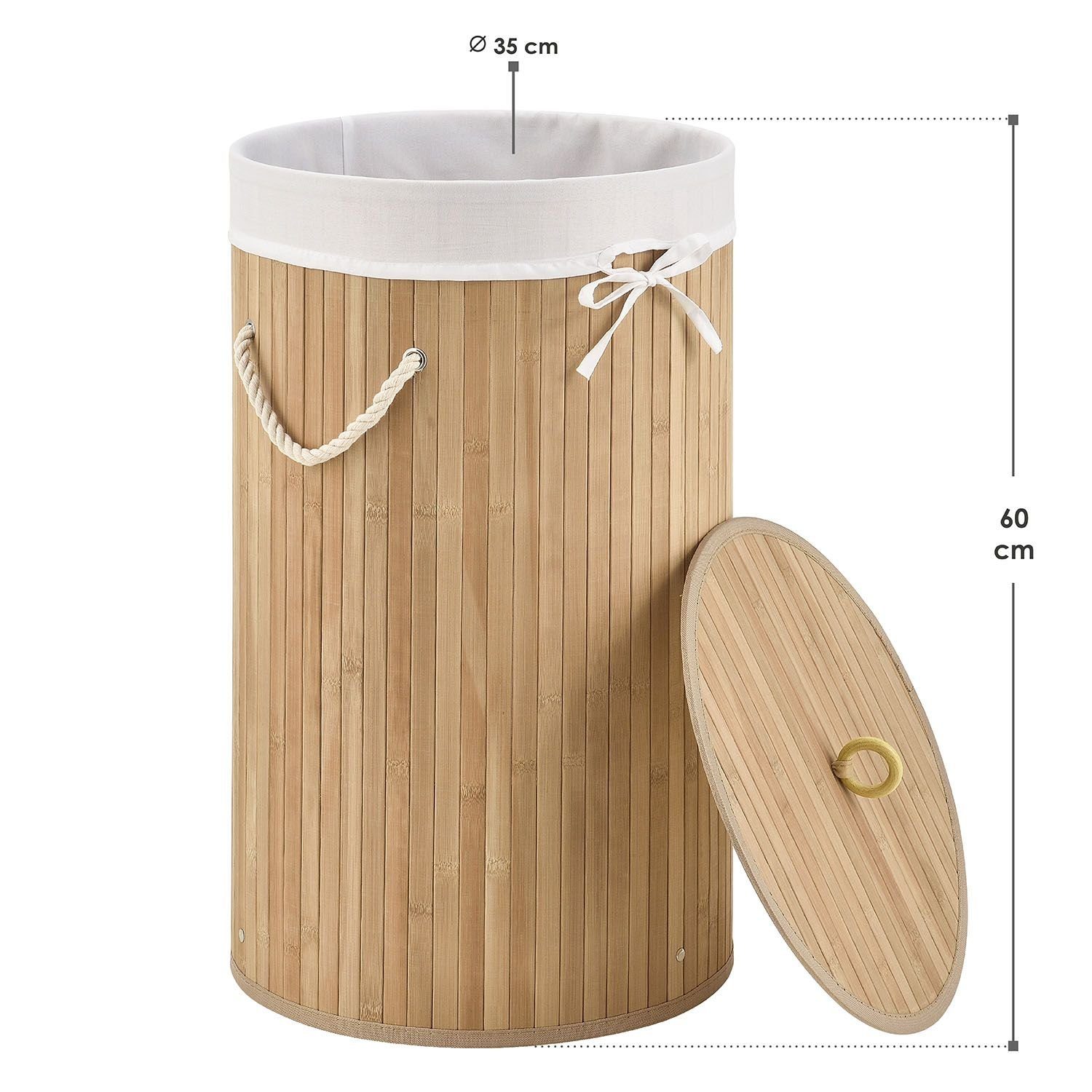 Juskys Wäschekorb Curly-Round, 55 l, mit Tragegriffe, Deckel, Wäschesack waschbar, platzsparend