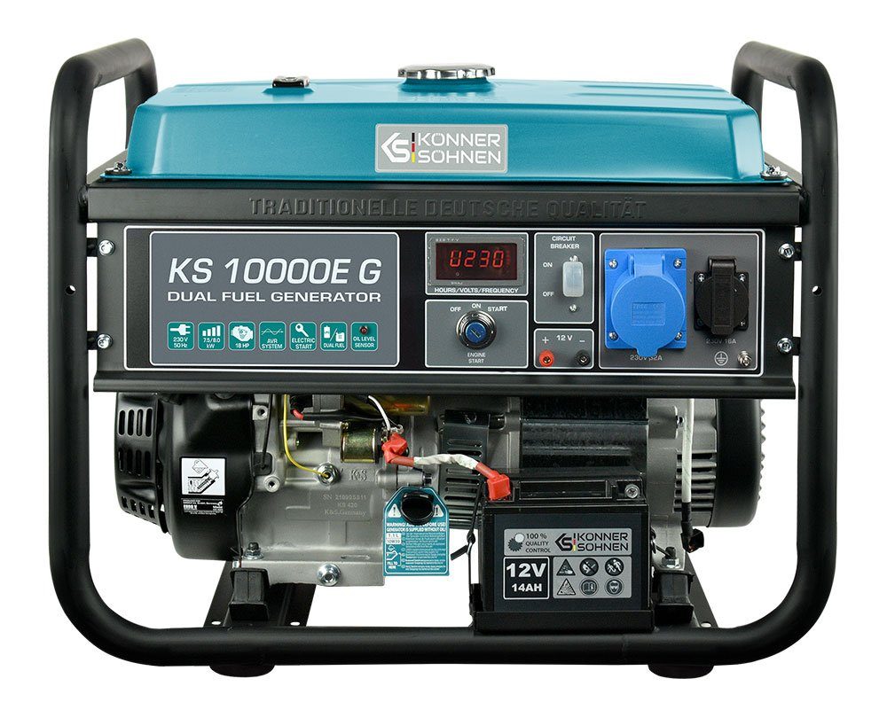 Könner & Söhnen Stromerzeuger KS 10000E G, 8,00 in kW, (1x32A (230V), Generator, E-Start, Automatischer Spannungsregler, 1-tlg., Hybrid Stromerzeuger, 4-Takt, Kupfer,Steckdosen 1x16A (230V), für Haus, Garage oder Werkstatt