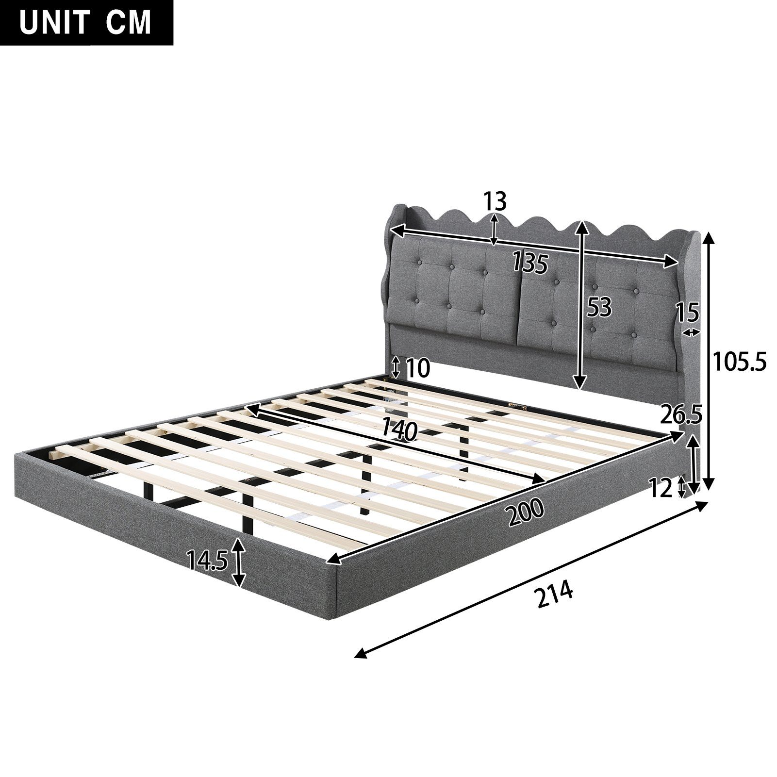 Flieks Polsterbett, LED Doppelbett 140x200cm mit Stauraumfach und Ladeanschluss Leinen