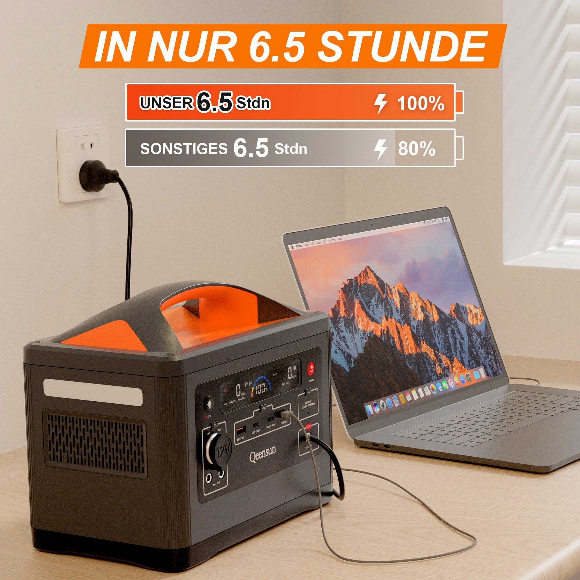 farfi Stromerzeuger Tragbare Powerstation, Mobile LiFePO4, 537.6Wh Solar,230V/ 700W AC, (Set, Benutzerhandbuch,AC-Adapter,Zigarettenanzünderkabel,DC zu MC4 Kabel), Solarladung,Einfach zu verwenden