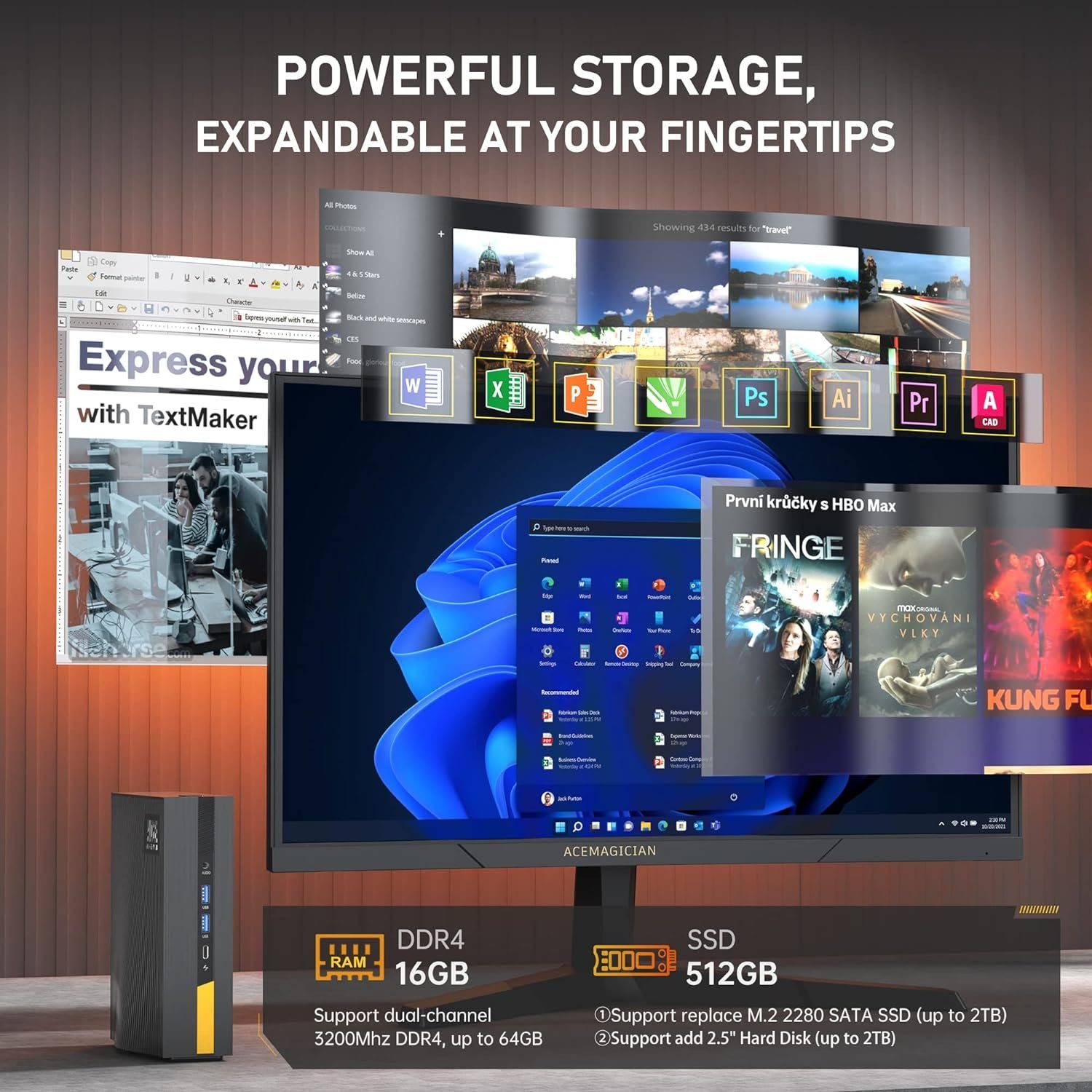 ACEMAGICIAN Mini-PC (Intel 12450H, 16 GB RAM, 512 GB SSD, Mini Desktop PC mit 4K UHD 4,4 GHz Type C BT 5.2 WiFi6 60HZ ‎LGA 1700)