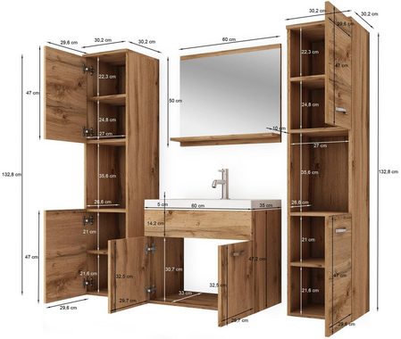welltime Badmöbel-Set Lorca, (4-St), Badezimmer Badmöbel Set Lorca XL 60cm Waschbecken Unterschrank