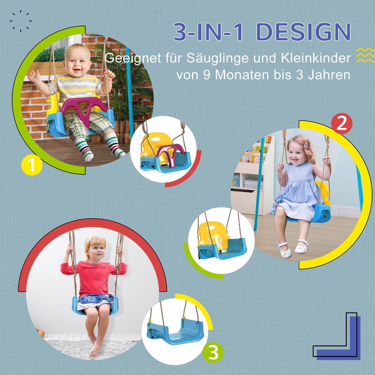 Outsunny 3-in-1 Babyschaukel, Kinderschaukel mit verstellbarem Seil, Blau