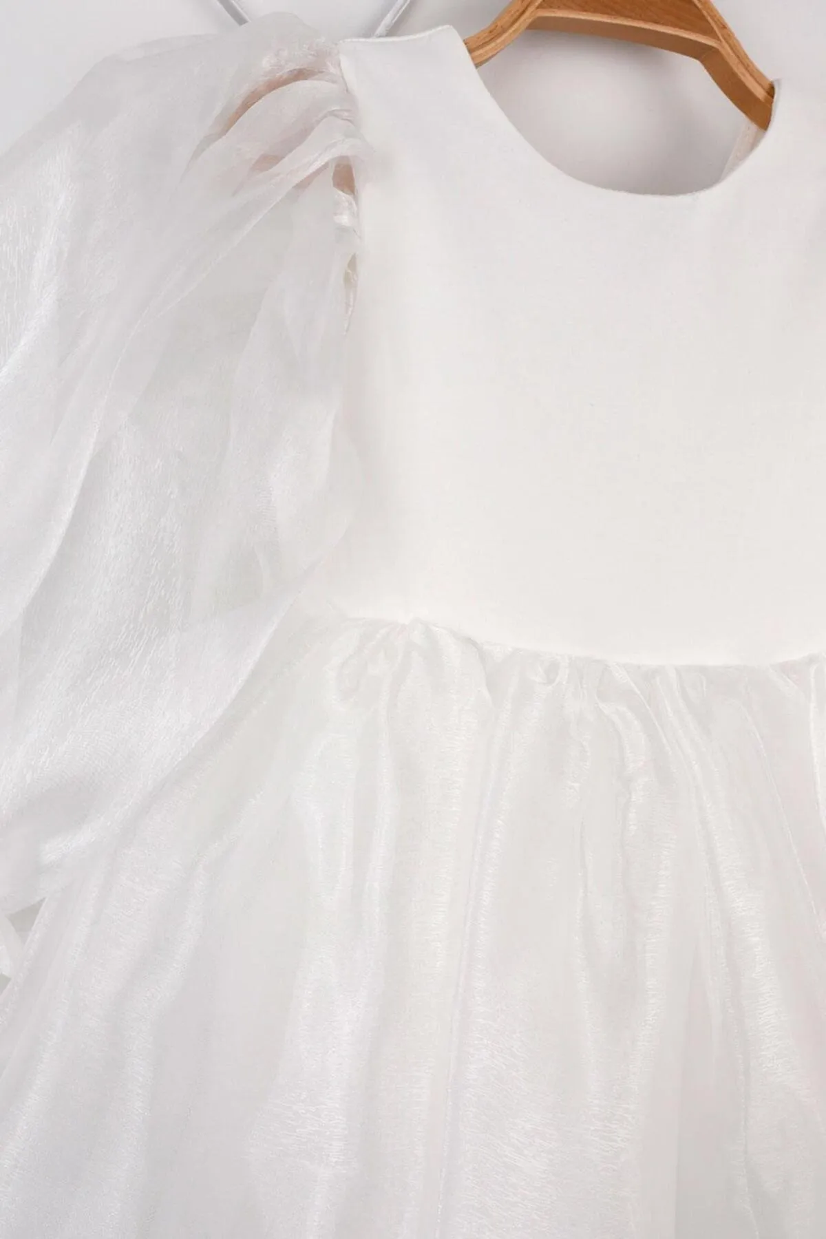 Le Mabelle  Weißes, langärmliges Organza-Partykleid für Mädchen – Salbei