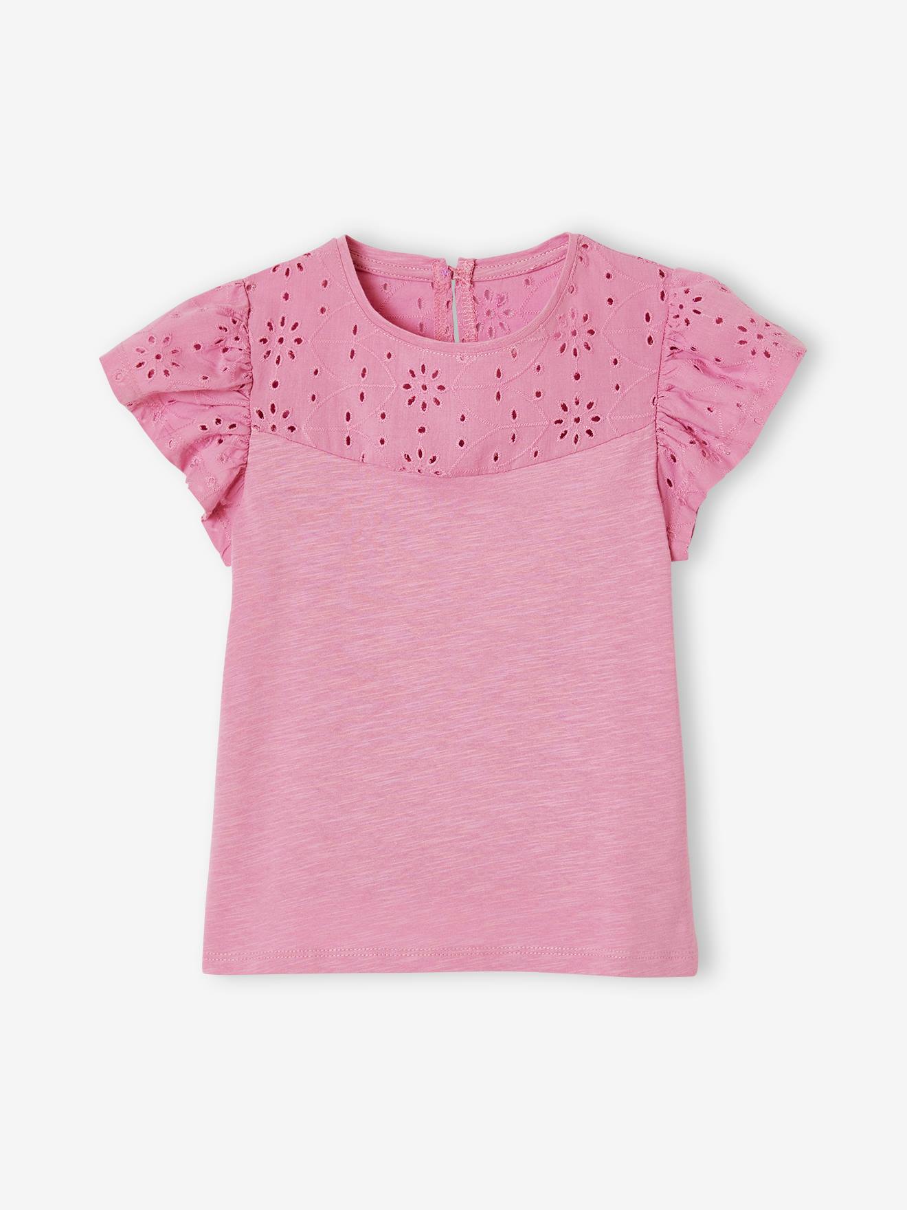 Vertbaudet Mädchen T-Shirt mit Volantärmeln und Lochstickerei Oeko-Tex - dunkelrosa