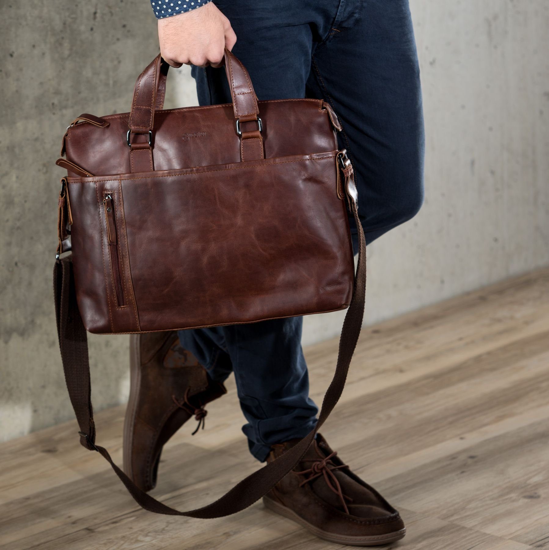 BACCINI Laptoptasche Leder Businesstasche Unisex LEANDRO, Laptoptasche 15,4 Zoll, Aktentasche Echtleder Damen Herren braun