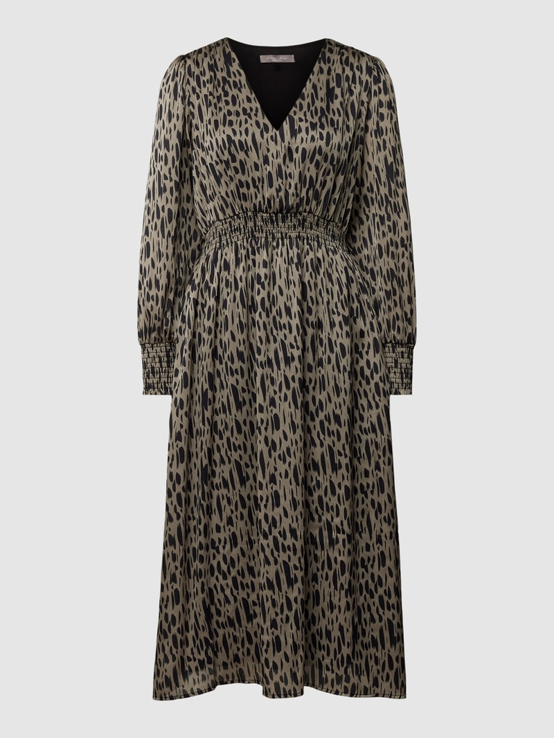 Midikleid mit Animal-Print und Smok-Details in olivgrün