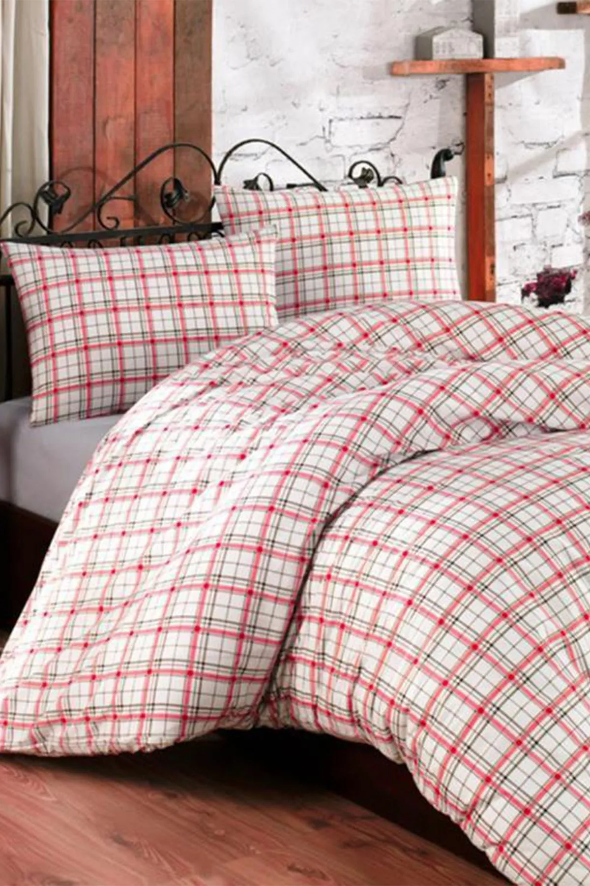 Çeyiz Diyarı  Einzelbettbezug-Set mit Karomuster – Pflaume