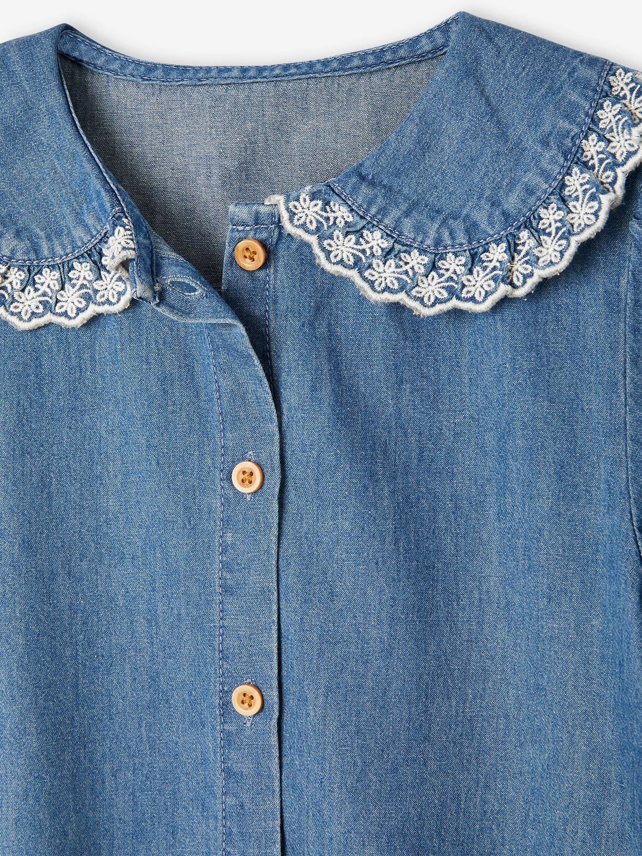 Chemise en jean col claudine fille manches courtes stone