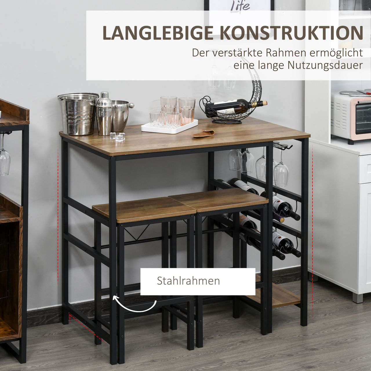 HOMCOM Bartisch-Set, Stehtisch mit 2 Barhockern, 3-teiliges Tischset Küchentresen mit Flaschenhalterung Spanplatte, Stahl, Natur Schwarz, 108 x 60x 95H cm