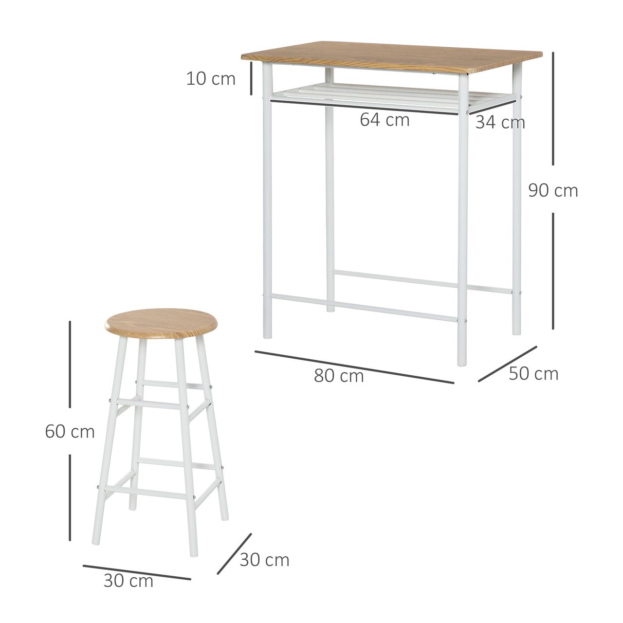 HOMCOM Bartisch Set 3-teilig Esstisch mit 2 Barhocker Küchentisch und Stühle Stehtisch und Barhocker mit Lagerregal MDF-Platte Stahl Weiß Eiche 80 x 50 x 90 cm