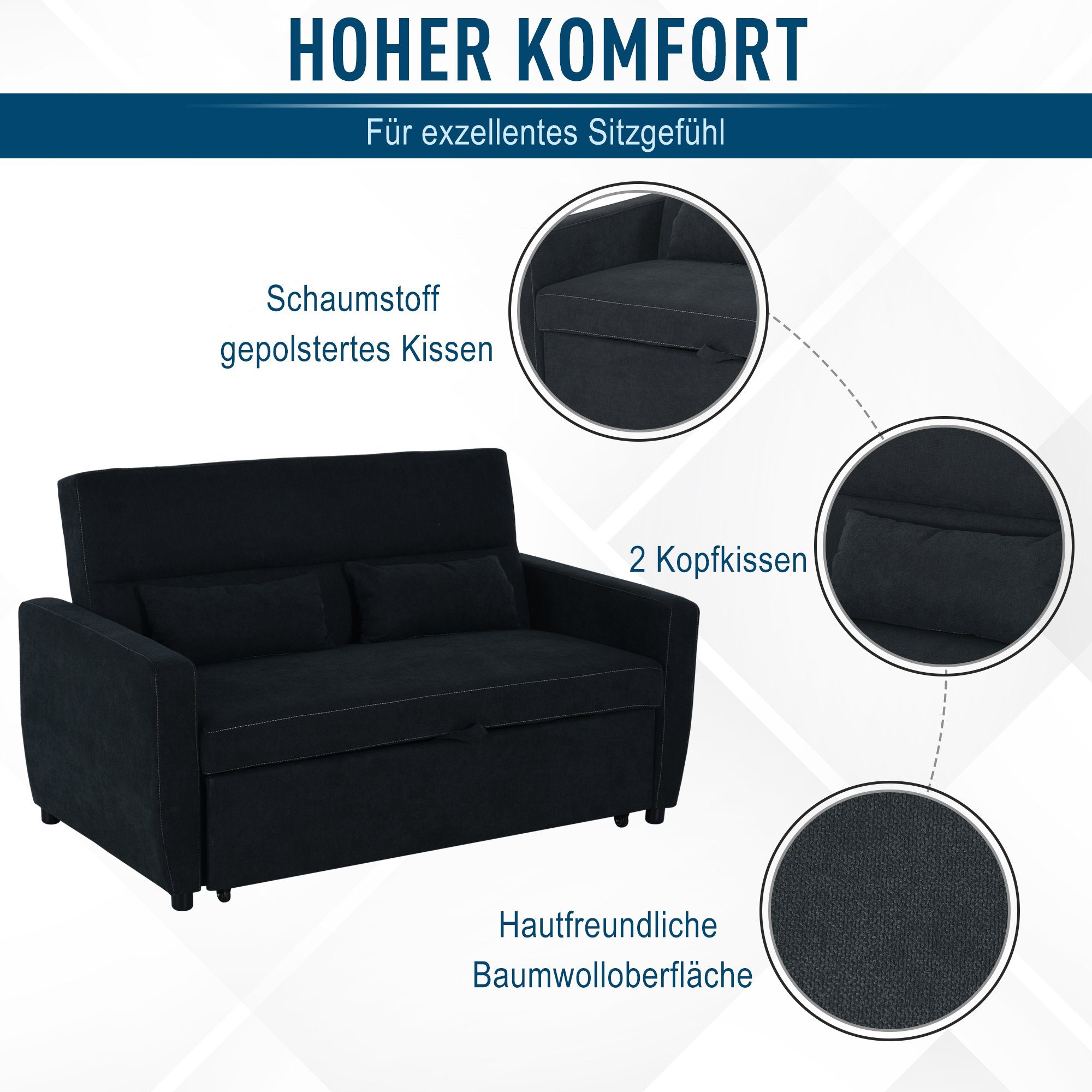 HOMCOM Schlafsofa, Set 1 Teile, Schlafsofa Chaiselongue 2-Sitzer Stoffsofa Sofagarnitur Schwarz