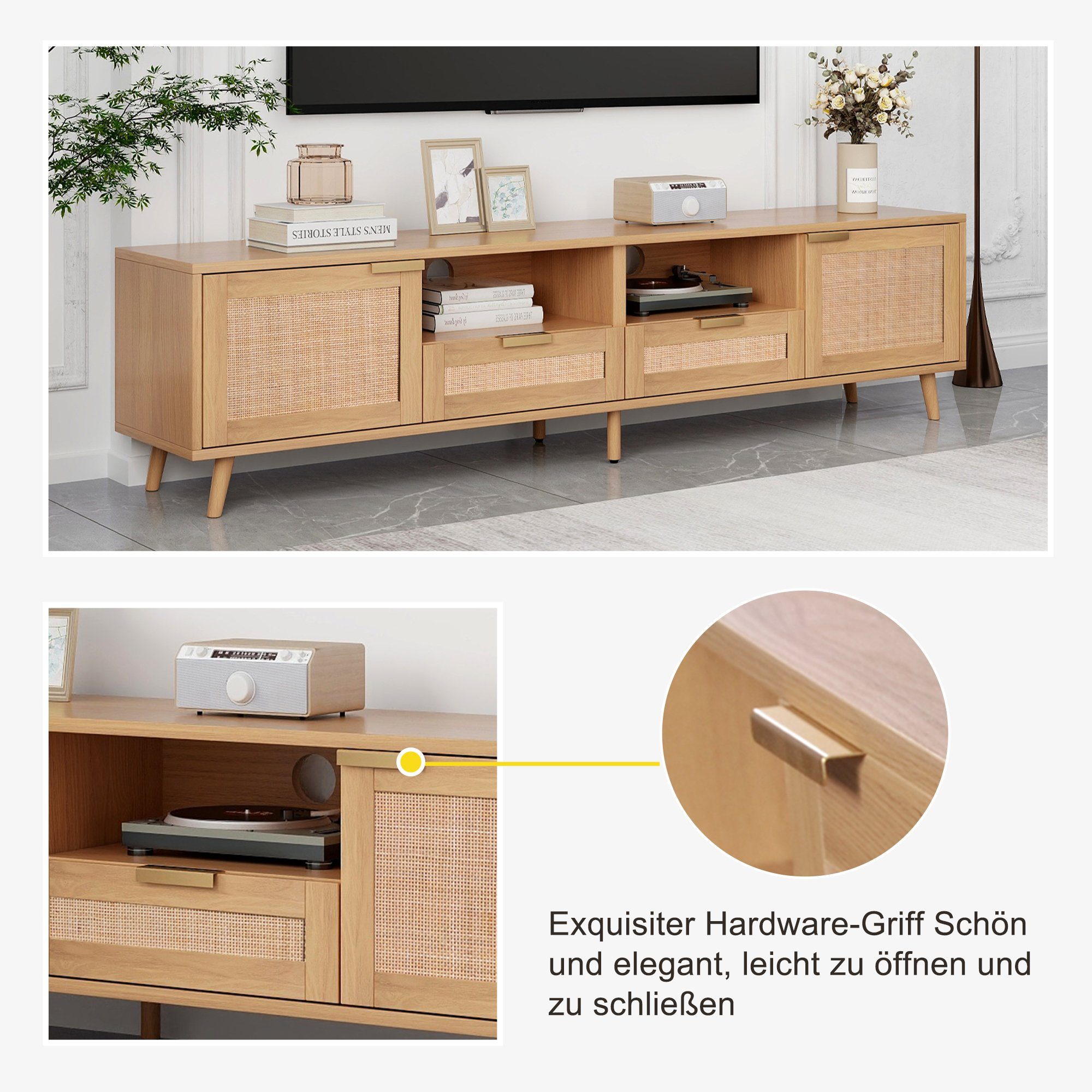 HAUSS SPLOE TV-Schrank TV-Tisch Beistellschrank Sideboard (TV-Konsolentisch,200*37*49cm) mit massiven Holzfüßen, Geflochtener Rattan-TV-Boards