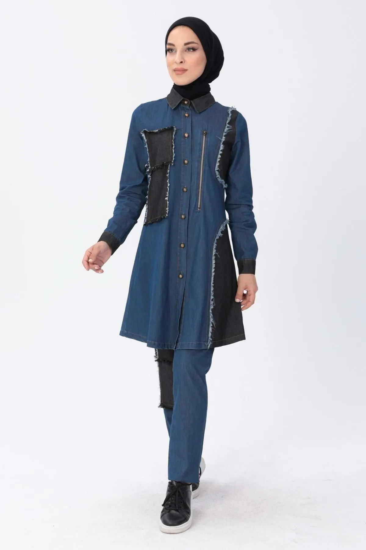 Modamihram  Reißverschluss Detaillierte Hijab-Denim-Kombination Dark Denim 10074