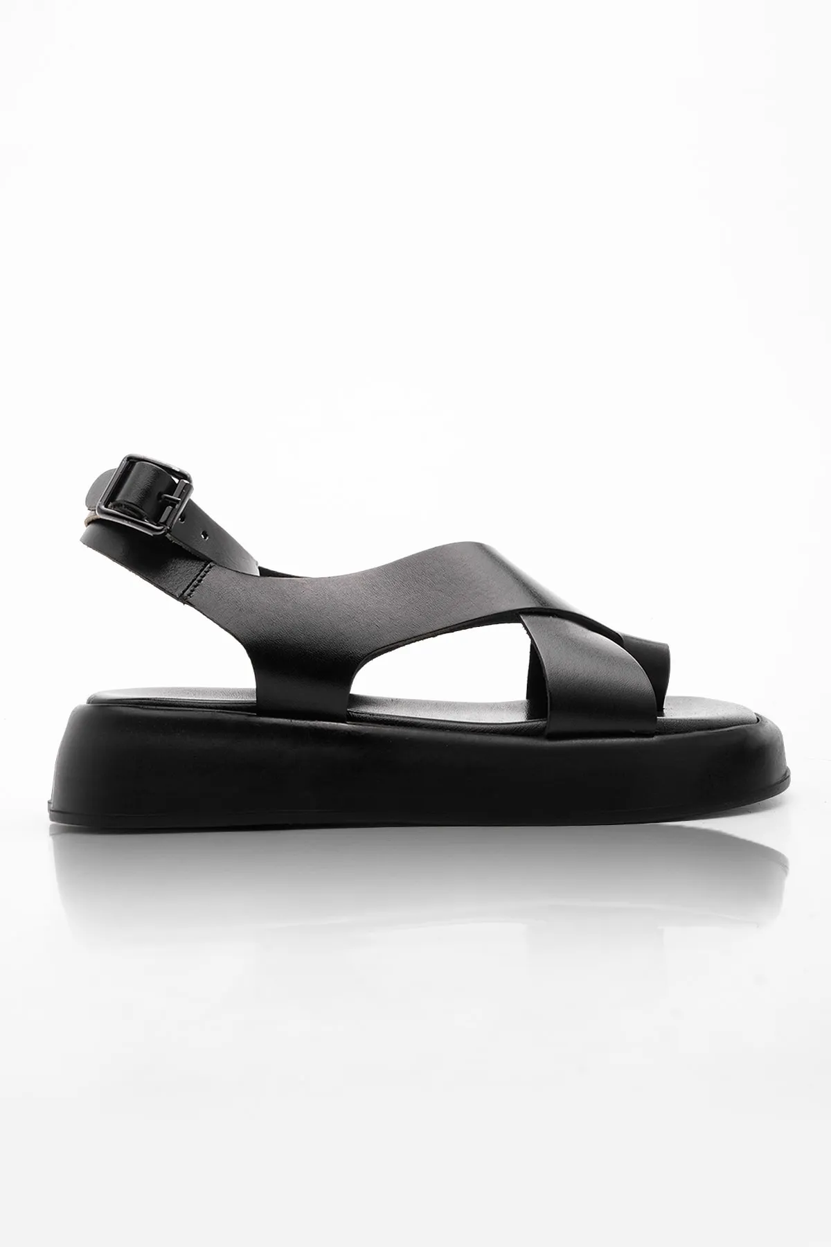 Marjin  Damen Sandalen aus echtem Leder für den Alltag, dicke Sohle, Etikett schwarz