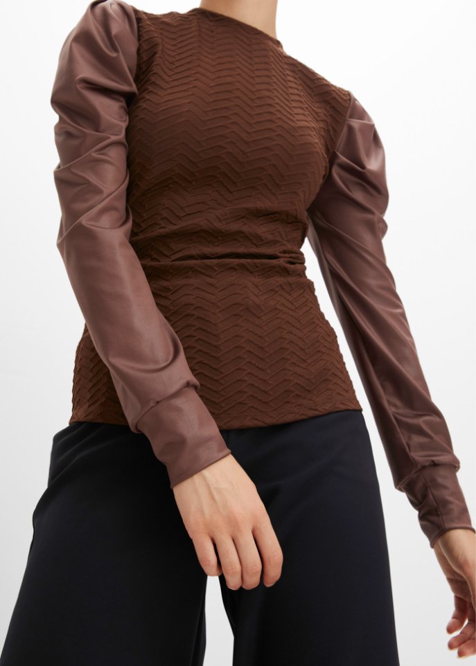 Langarmshirt mit Lederimitatärmeln