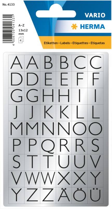 HERMA 4133 Buchstaben A-Z Etiketten 13 x 12 mm Schwarz auf Silber 10 Packungen mit 2160 Etiketten