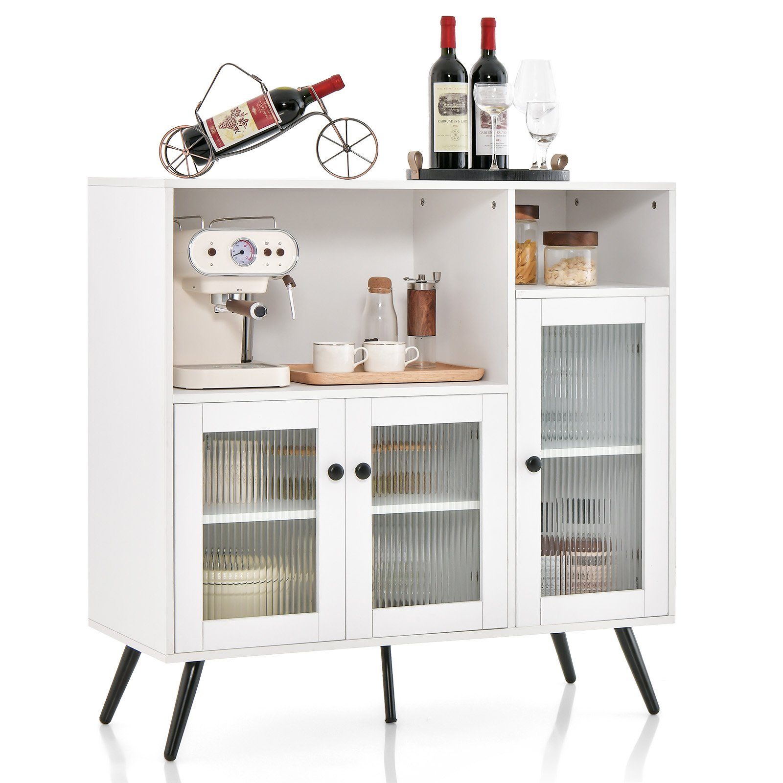 COSTWAY Küchenbuffet mit Glastüren & Fächern, Kippschutz, 100x39,5x100cm