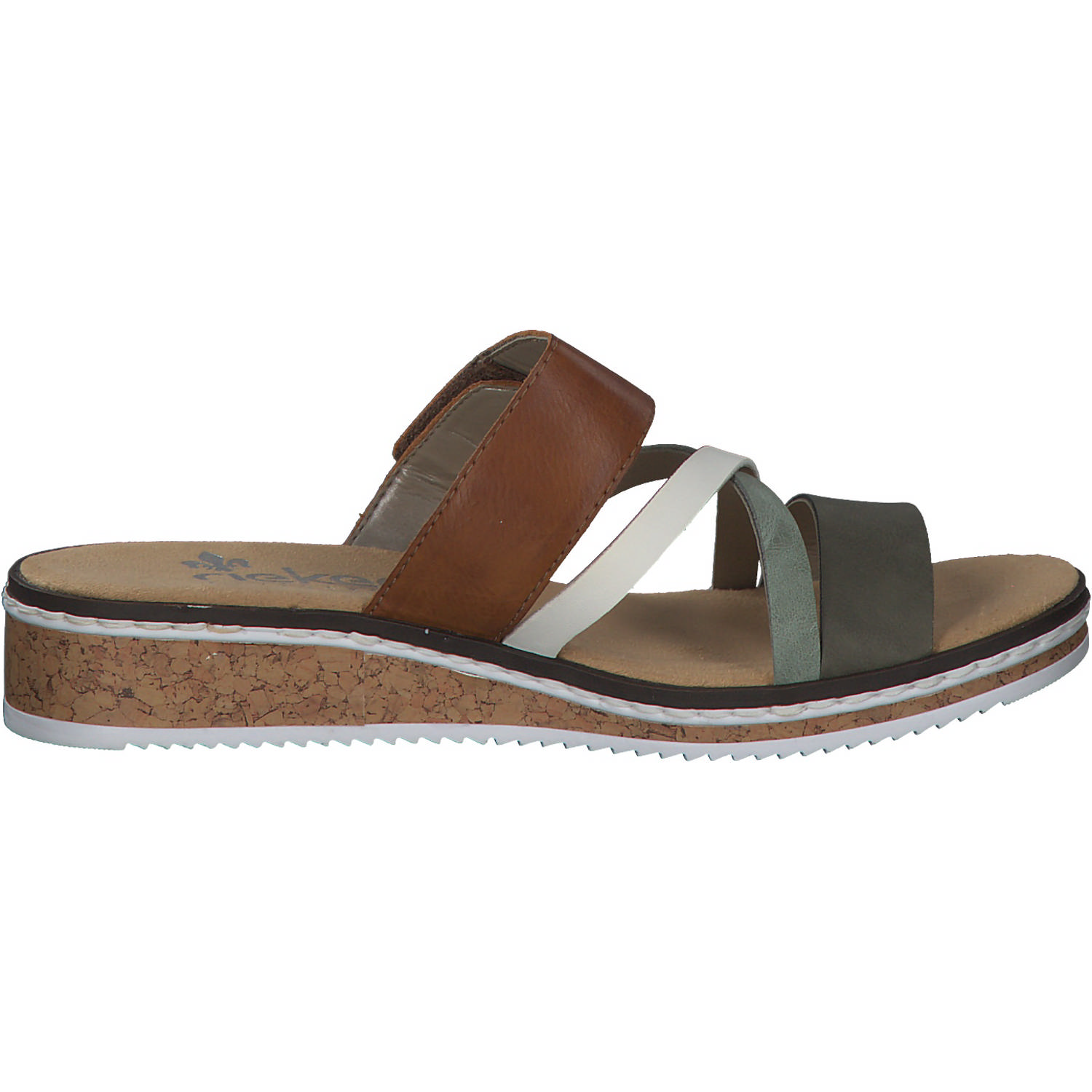 Rieker V3652, Plateau-Pantoletten, Damen, Braun / Weiß / Olive