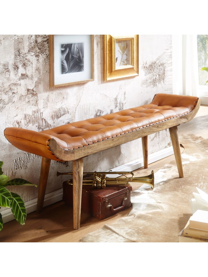 KADIMA DESIGN Sitzbank Echtleder | 125x50x38cm, Massivholz Braun, Chesterfield günstig kaufen onesize
