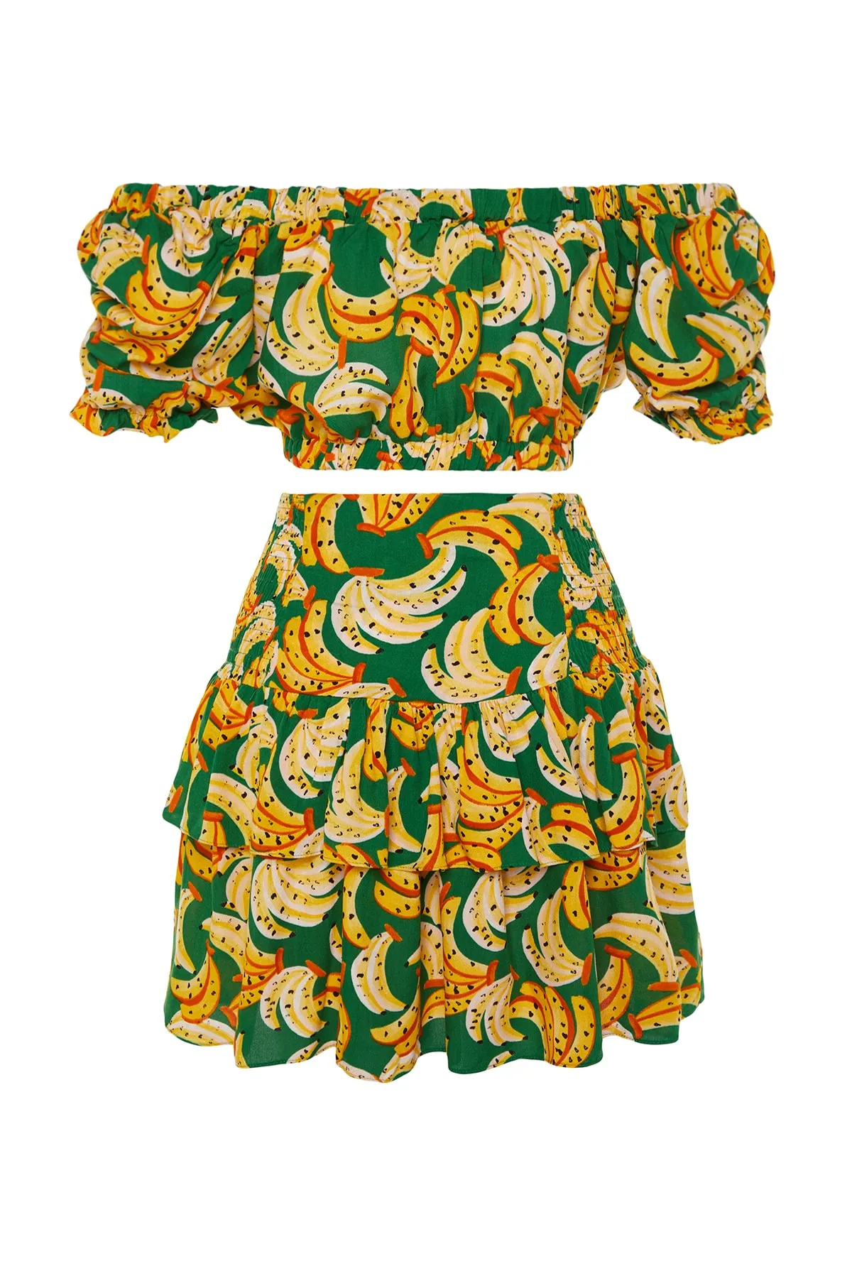 Trendyol Collection  Gewebtes Rüschenblusen-Rock-Set mit Fruchtmuster TBESS23AU00164