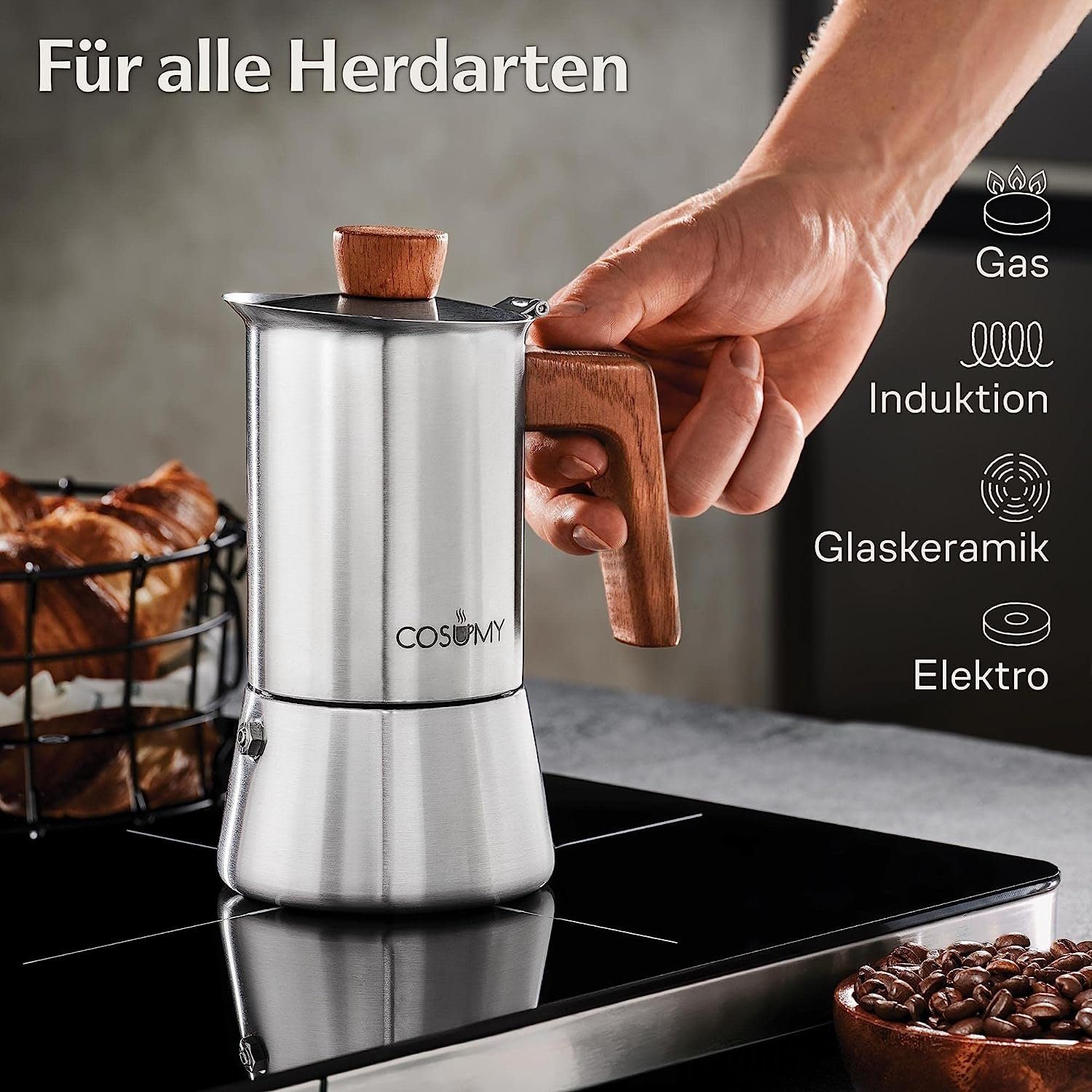 Cosumy Espressokocher Espressokocher 200ml mit Holzgriff, Induktionsgeeignet, FSC-zertifiziertes Eichenholz