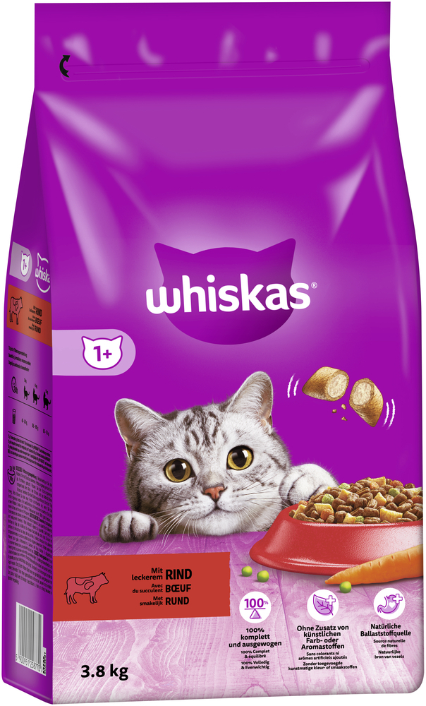 Whiskas Trockenfutter Whiskas Beutel 1+ mit Rind 3,8kg