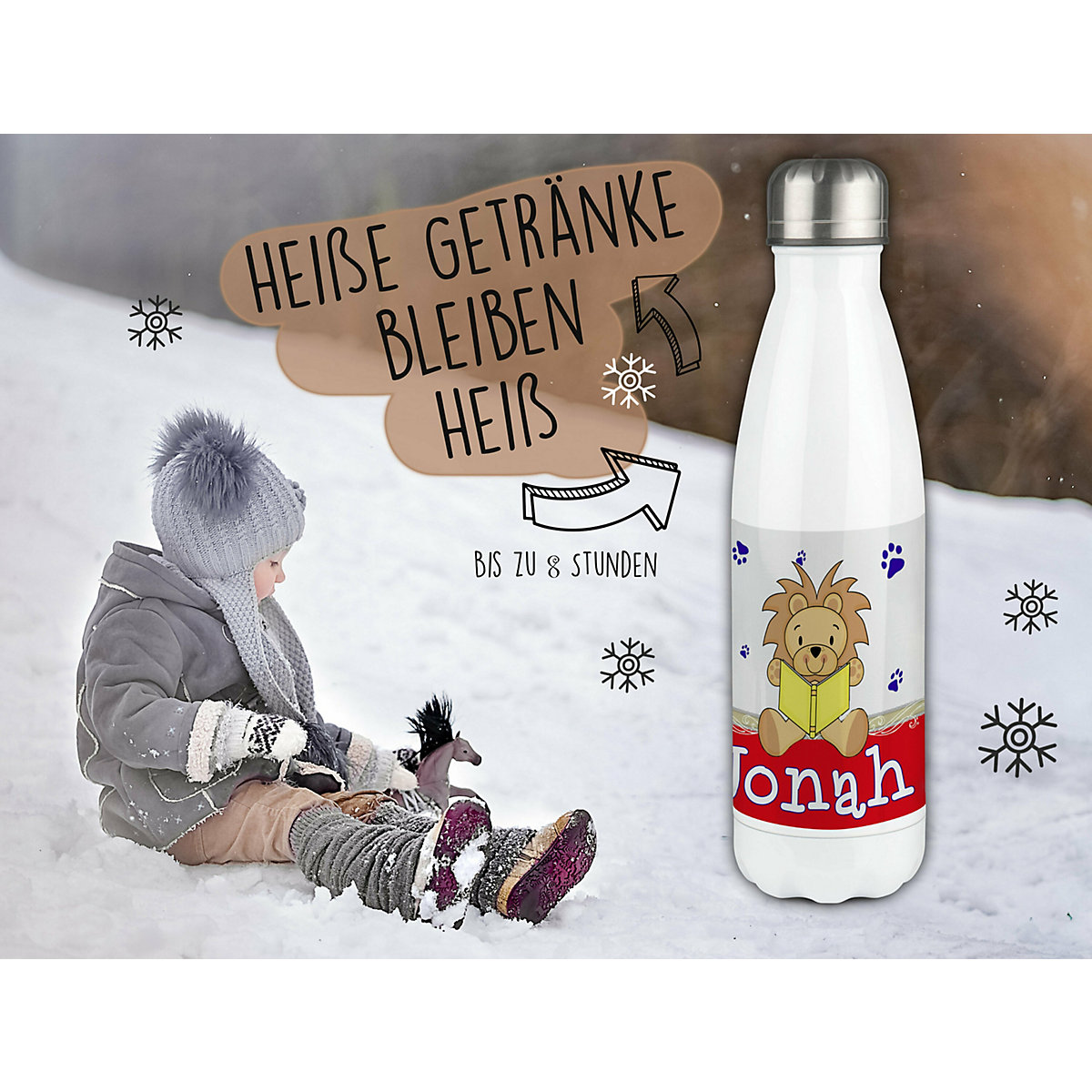 Edelstahl Kinder Thermoflasche / Trinkflasche bunt Leselöwe Farbe rot Spülmaschinenfest, Auslaufsicher, Bruchfest, Doppelwandig, Für Heißgetränke geeignet, Mit Deckel, Isoliert