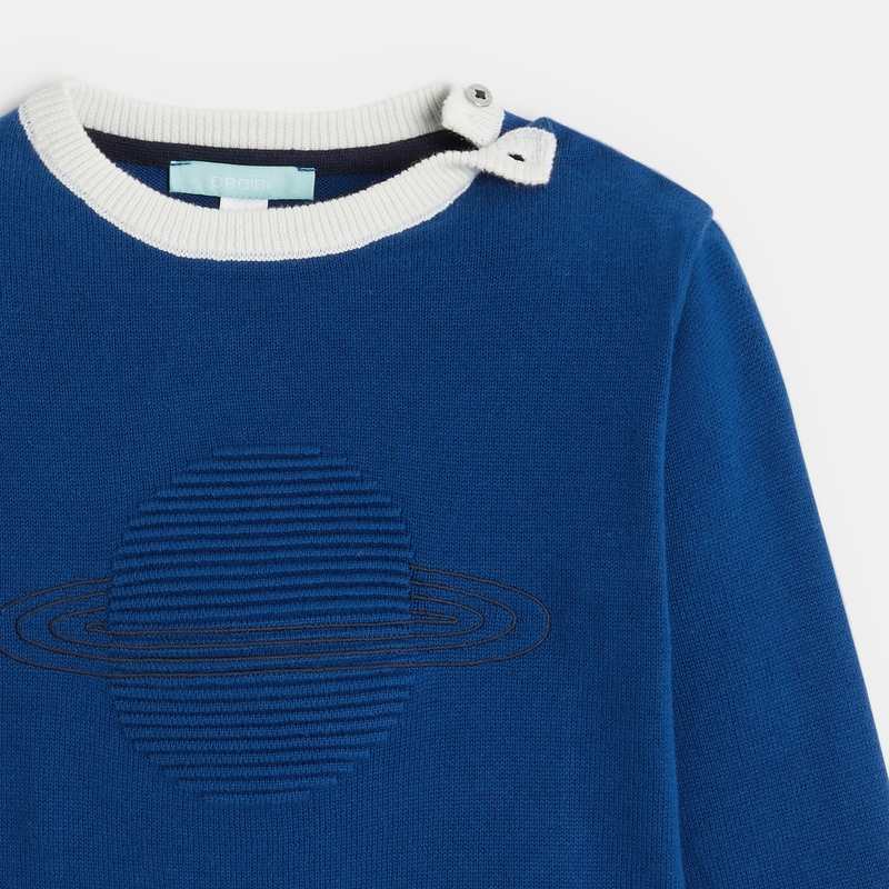 Pull maille tricot planète en relief bleu bébé garçon