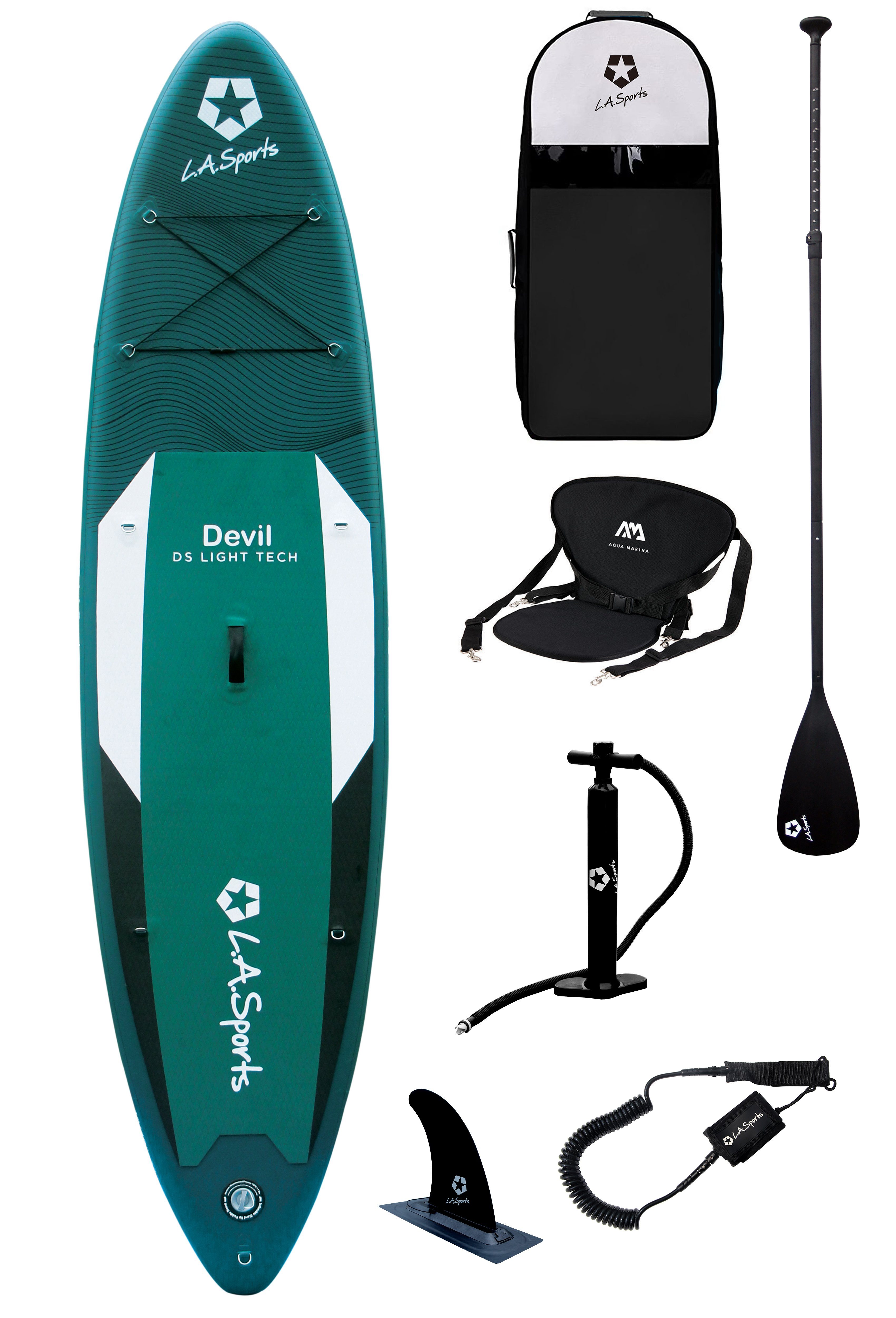 L.A. Sports Inflatable SUP-Board Devil 10.1” Set SUP mit Sitz Allround Stand-Up Paddle Board 330 cm, Stand Up Paddeling Board, (Set, mit ALU Paddel & Spinera Classic SUP Sitz), für Jugendliche & Erwachsene, Anfänger und Fortgeschrittene Paddler
