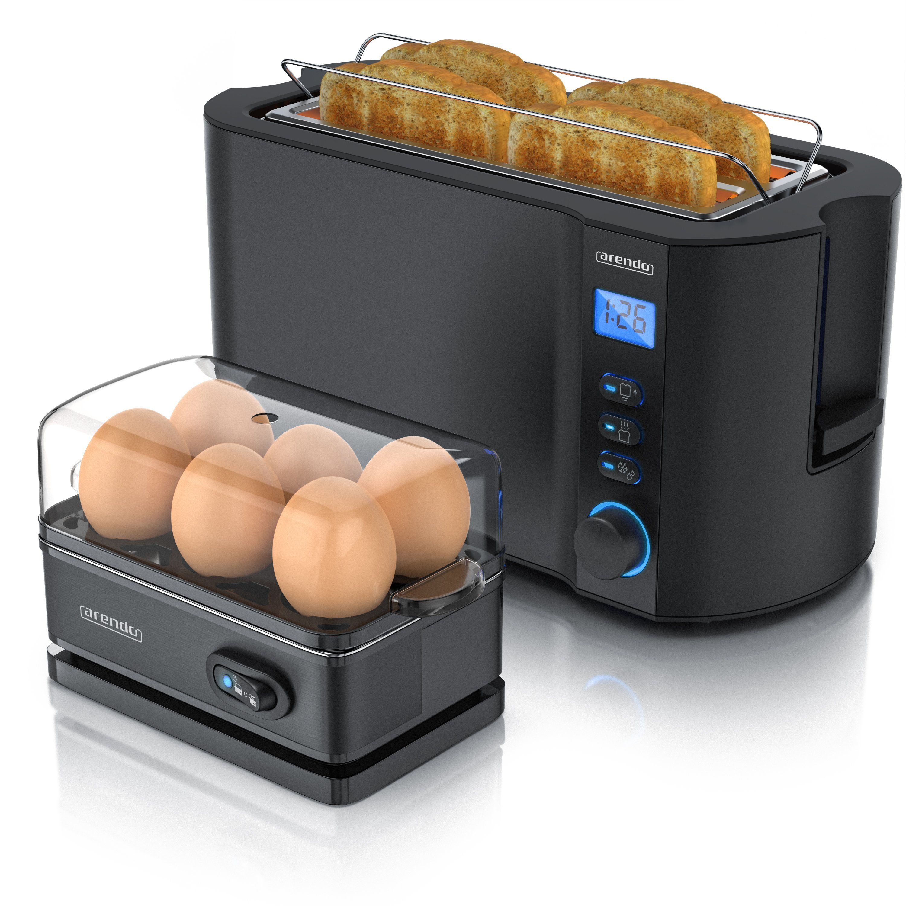 Arendo Frühstücks-Set (2-tlg), 4-Scheiben Langschlitz Toaster, 6er Eierkocher, Schwarz