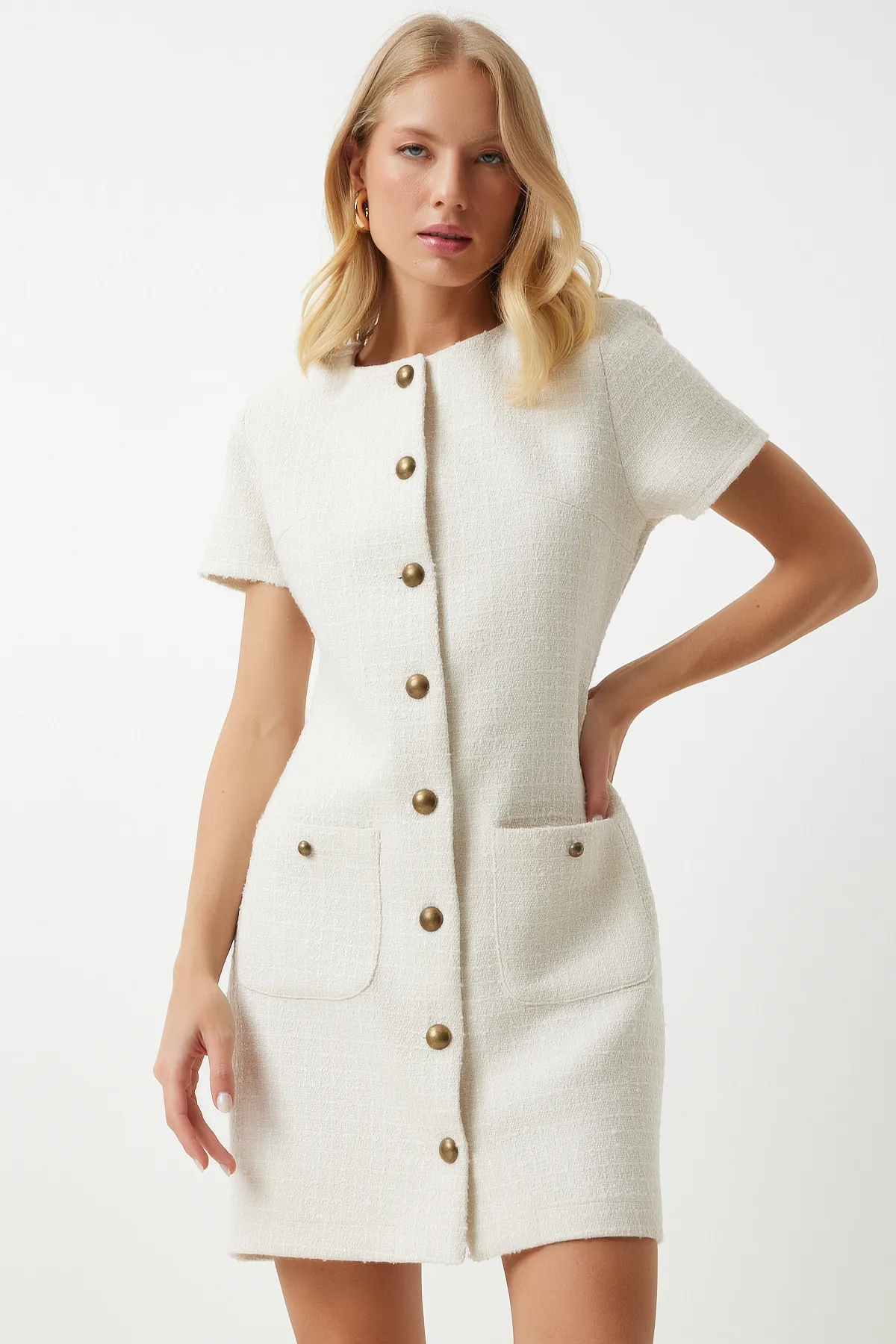 Happiness İstanbul  Geknöpftes Mini-Tweedkleid mit Knochentaschen für Damen KJ00009