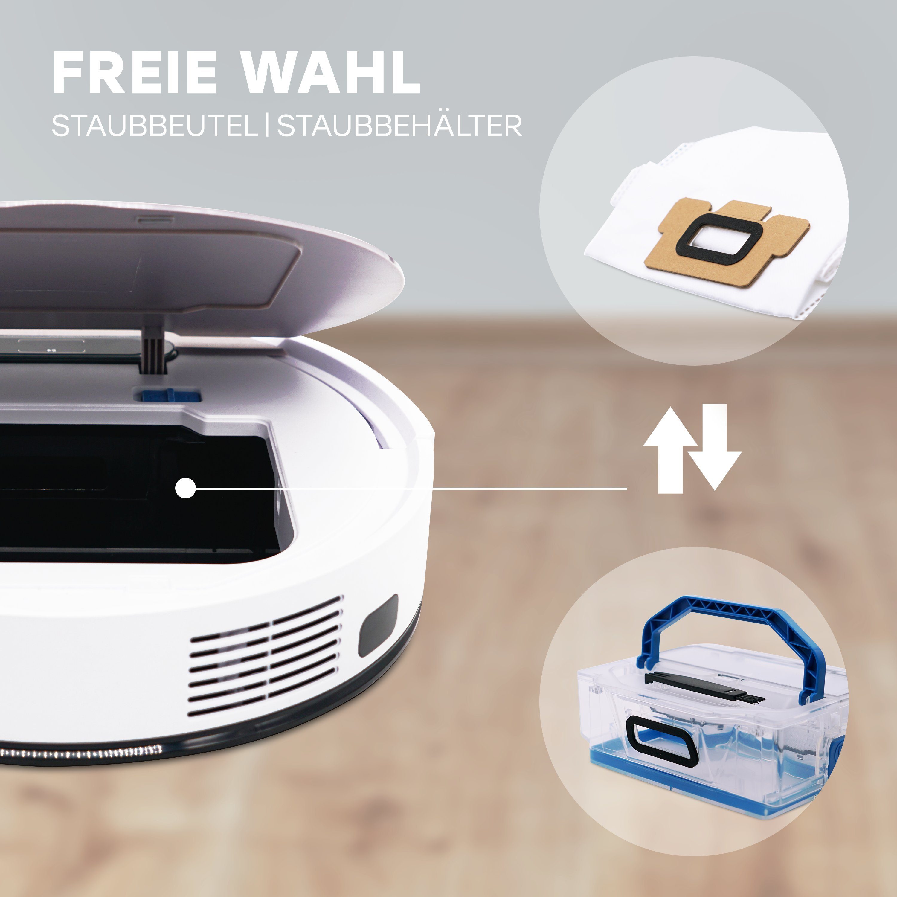 ZACO Nass-Trocken-Saugroboter V6, 22 W, 600ml beutelloser Staubtank oder 1000ml Staubbeutel, mit Wischfunktion, SmartHome, App, Alexa, für Tierhaar & Allergiker