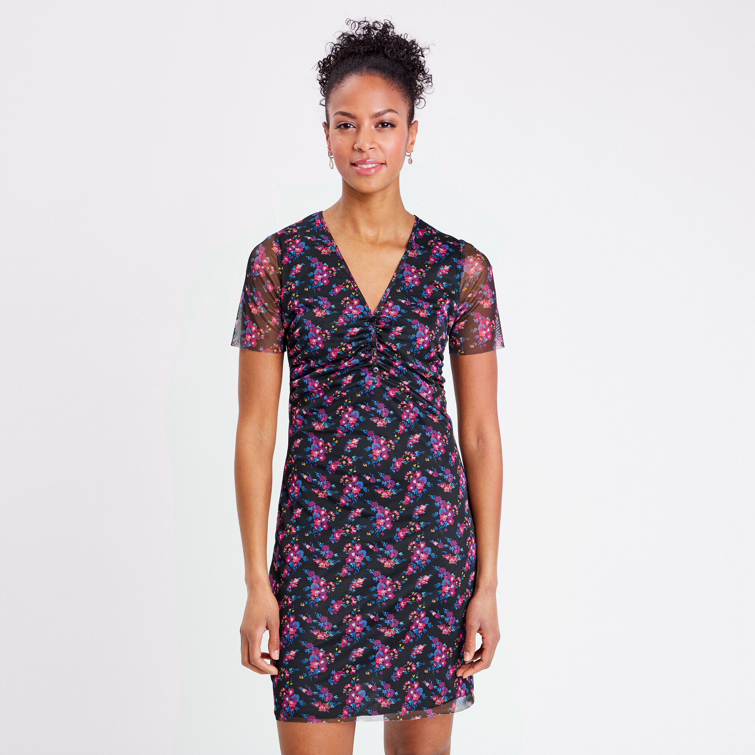 Robe évasée manches courtes noir femme | Cache Cache