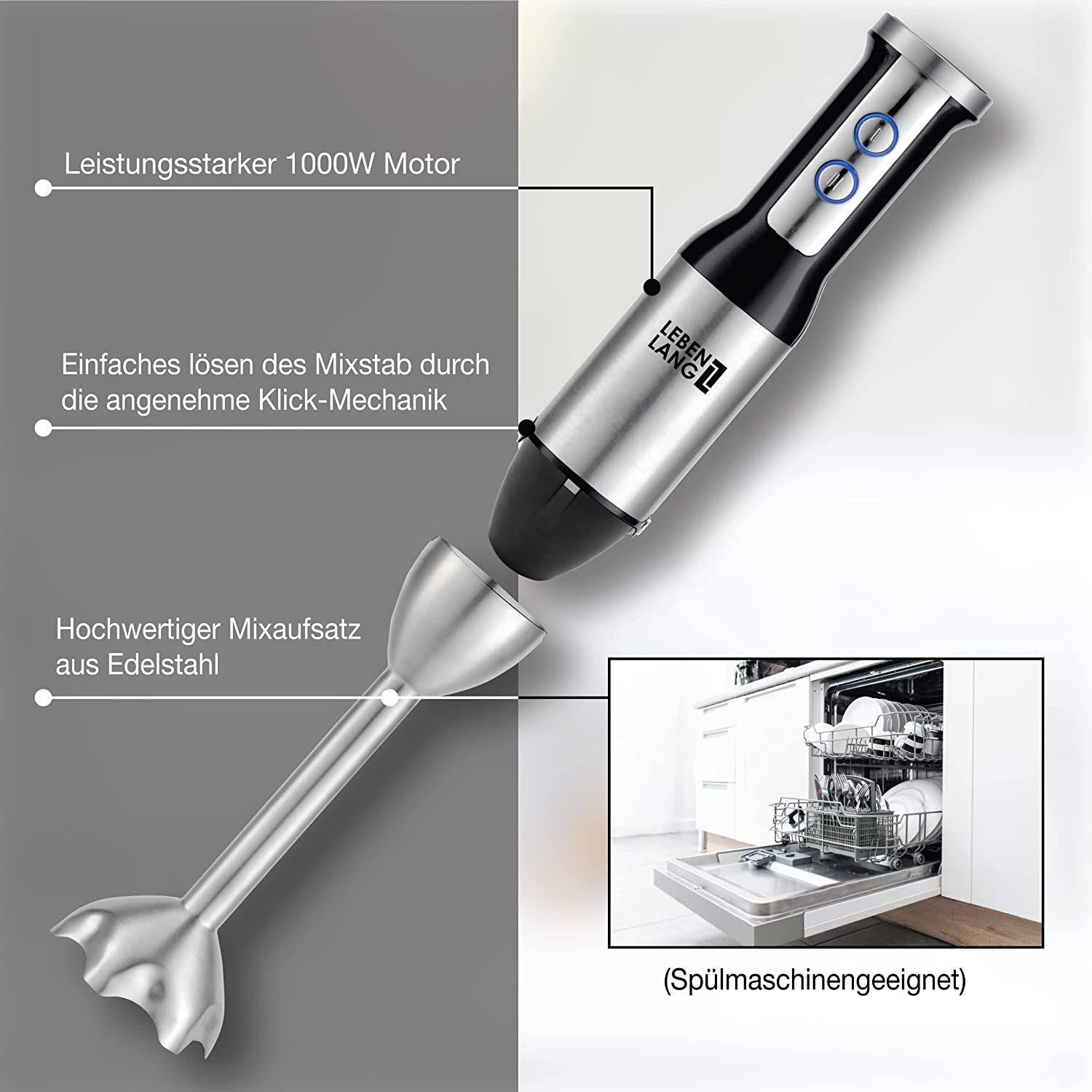 Lebenlang Stabmixer Stabmixer Pürierstab Set Mixer Edelstahl Hochwertig 2 Jahre Garantie, 1000,00 W