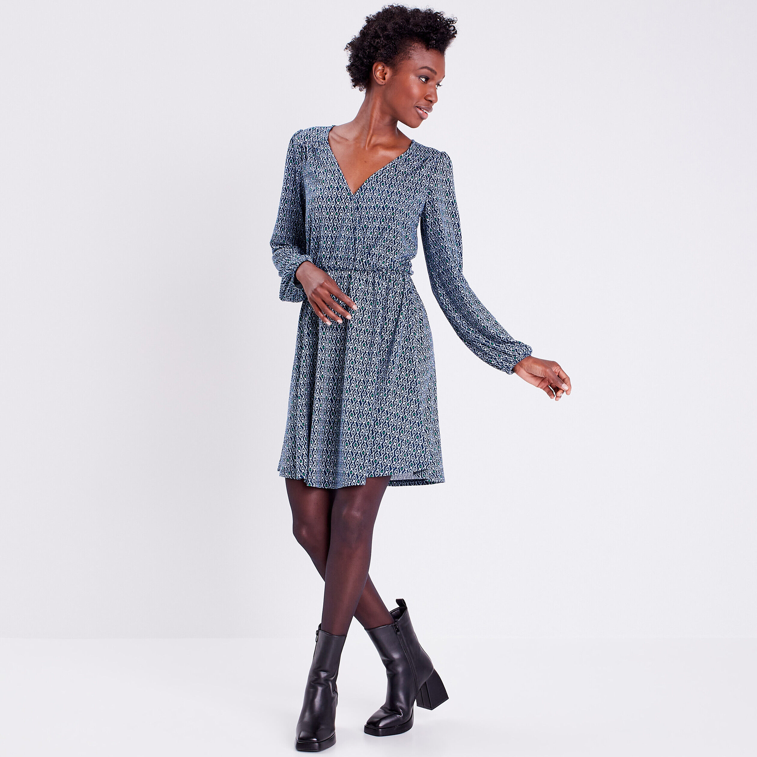 Robe évasée col cache-coeur bleu foncé femme | Cache Cache