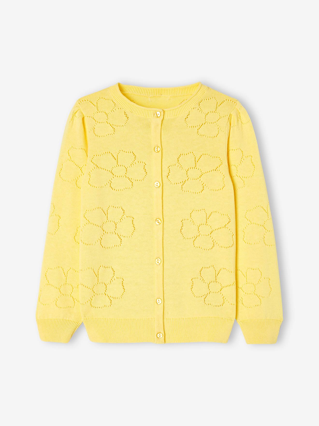 Gilet maille ajourée motifs fleurs fille jaune