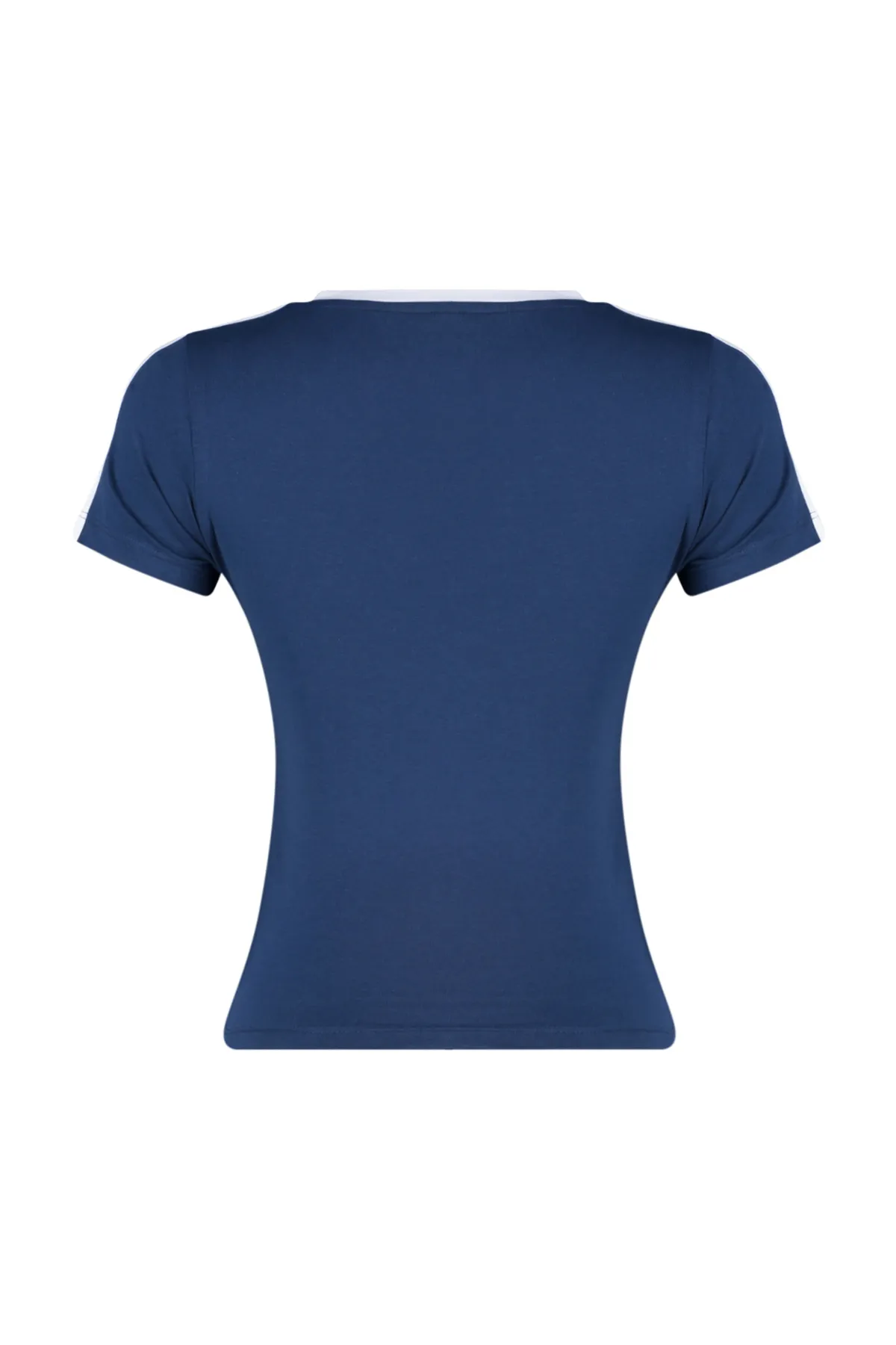 Trendyol Collection  Marineblaues Strick-T-Shirt mit V-Ausschnitt und Slogan-Aufdruck, reguläre/normale Passform TWOSS24TS00162