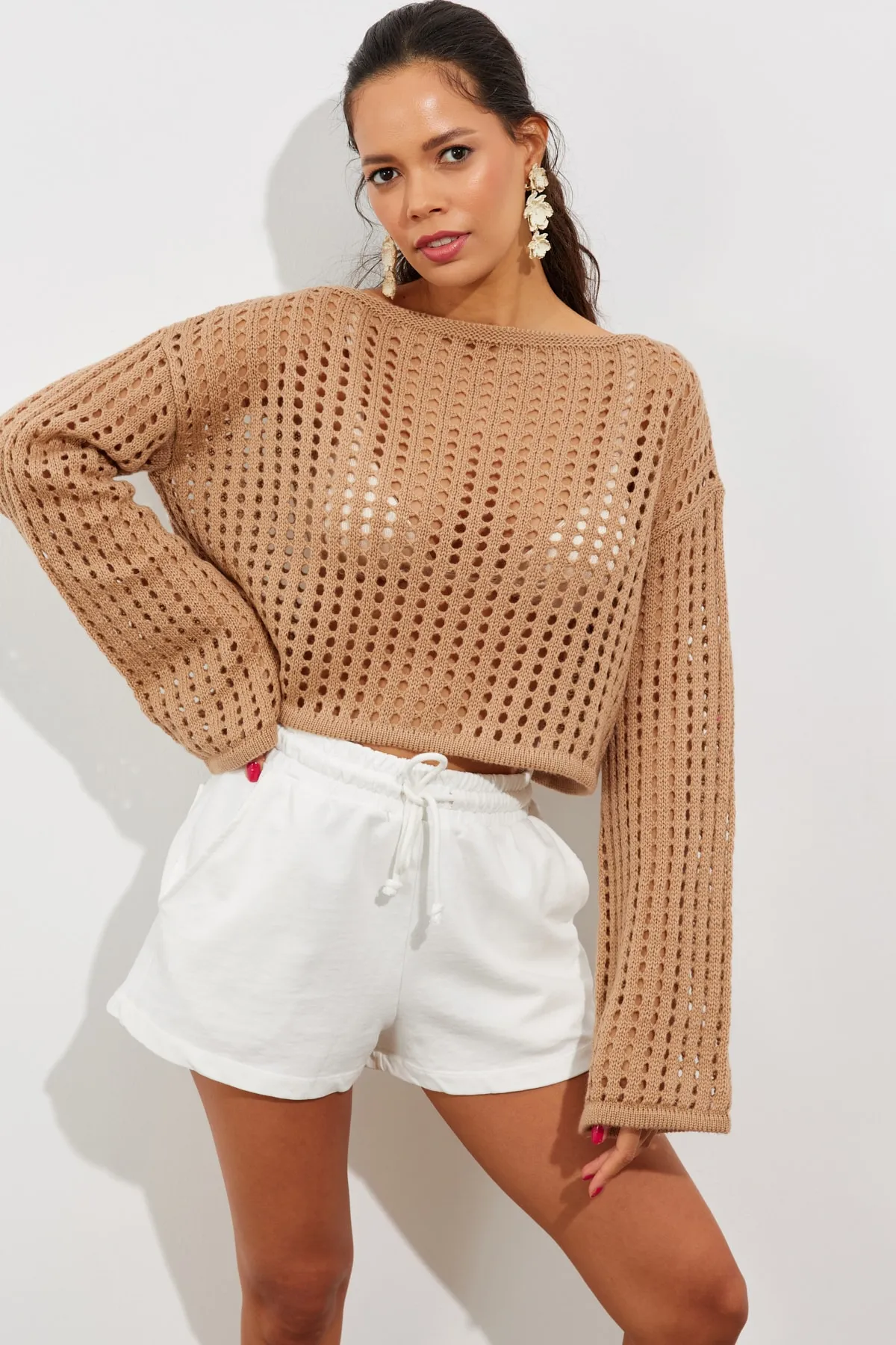 Cool & Sexy  Damen-Kurzbluse aus durchbrochenem Strick mit spanischen Ärmeln in Kamelblau, SMT181