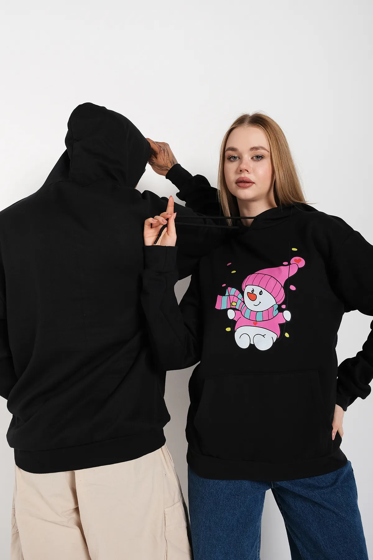 Know  Schwarzer Unisex-Sweatshirt mit doppeltem Neujahrs-Schneemann-Aufdruck, Oversize-Kapuzenpullover